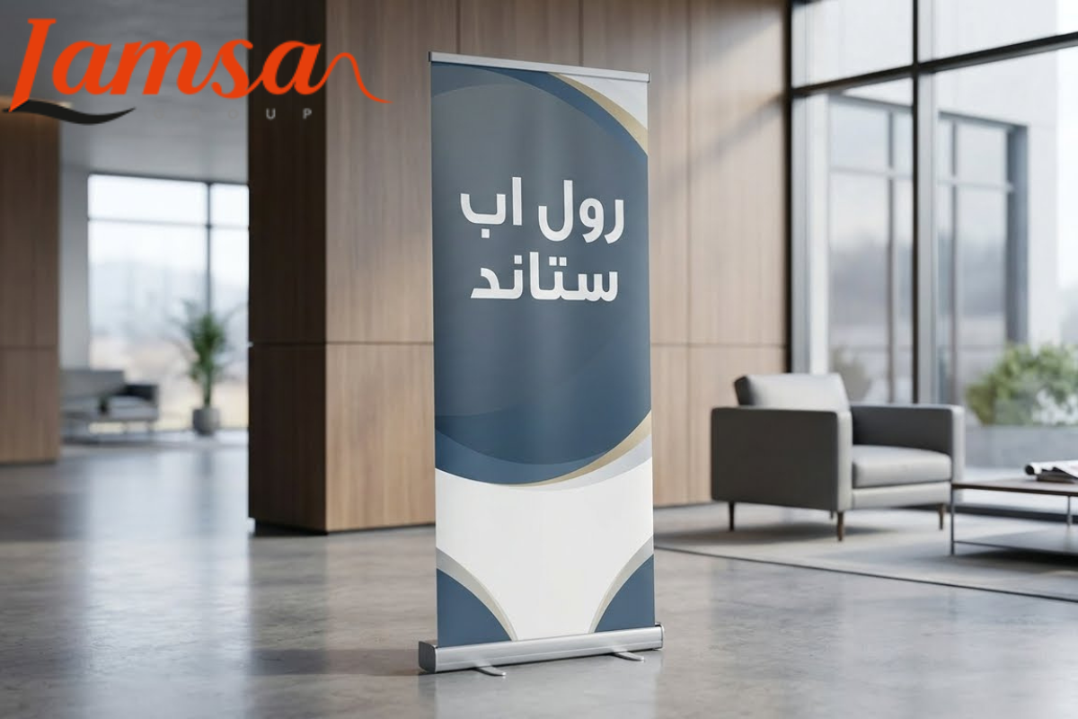 رول اب ستاند مميز مناسب للمعارض والفعاليات مع عرض بصري واضح واحترافي.