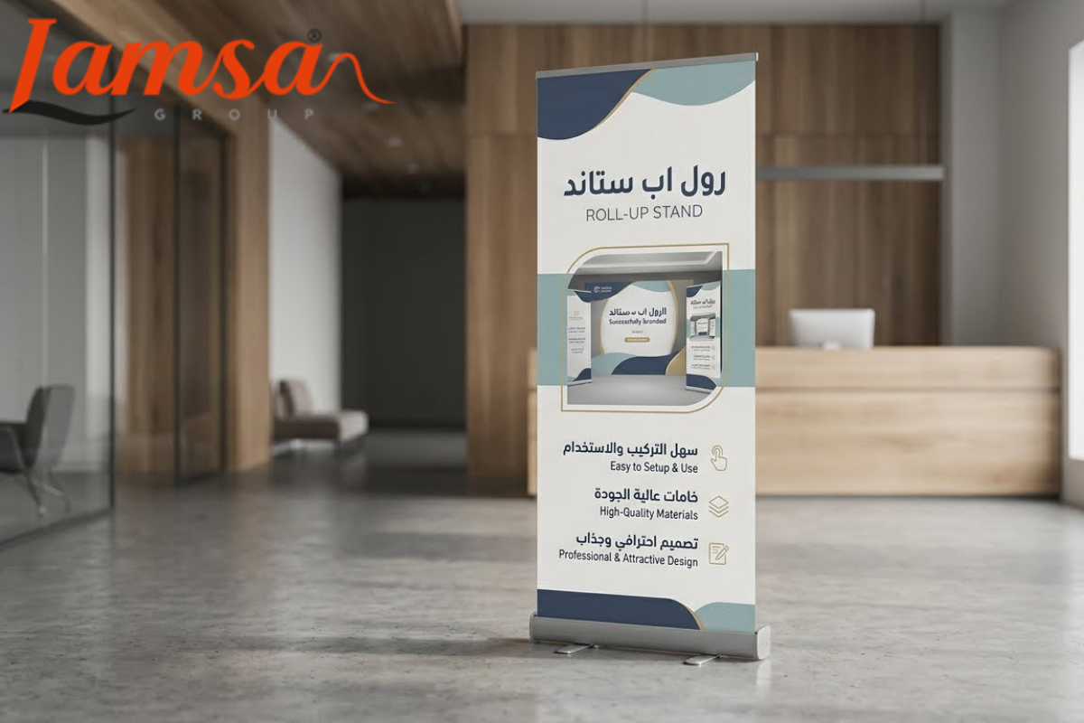رول اب ستاند عالي الجودة يساعد على إبراز هوية الشركة بشكل أنيق.