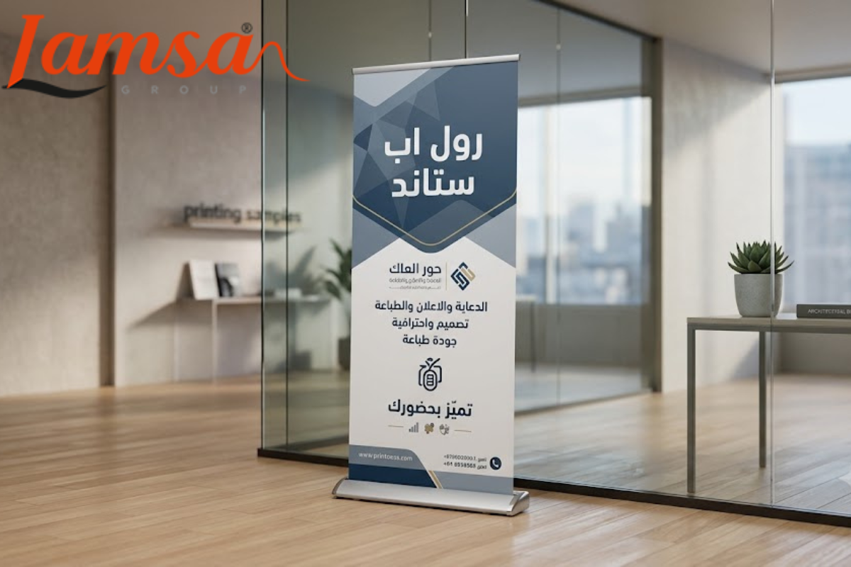 رول اب ستاند احترافي من لمسة للدعاية والإعلان بتصميم جذاب للطباعة والتسويق.